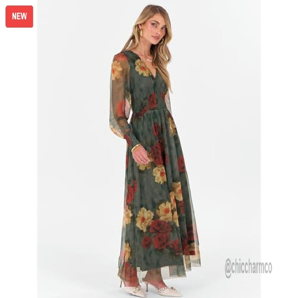 Flowy Maxi Dress with Puff Sleeves V-Neck Long Sleeve Wedding Guest - Picture 6 of 8